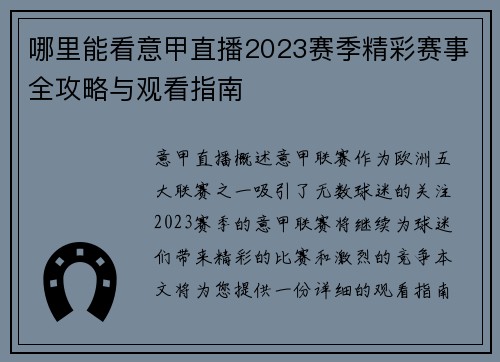 哪里能看意甲直播2023赛季精彩赛事全攻略与观看指南