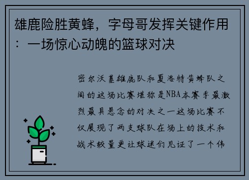 雄鹿险胜黄蜂，字母哥发挥关键作用：一场惊心动魄的篮球对决